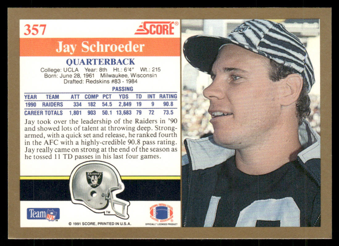 Jay Schroeder 1991 Score #357 Los Angeles Raiders