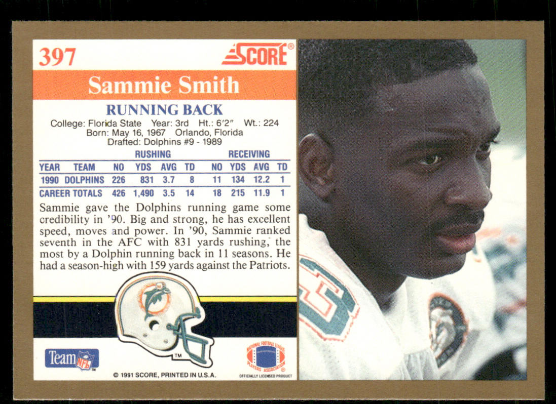 Sammie Smith 1991 Score #397 Miami Dolphins