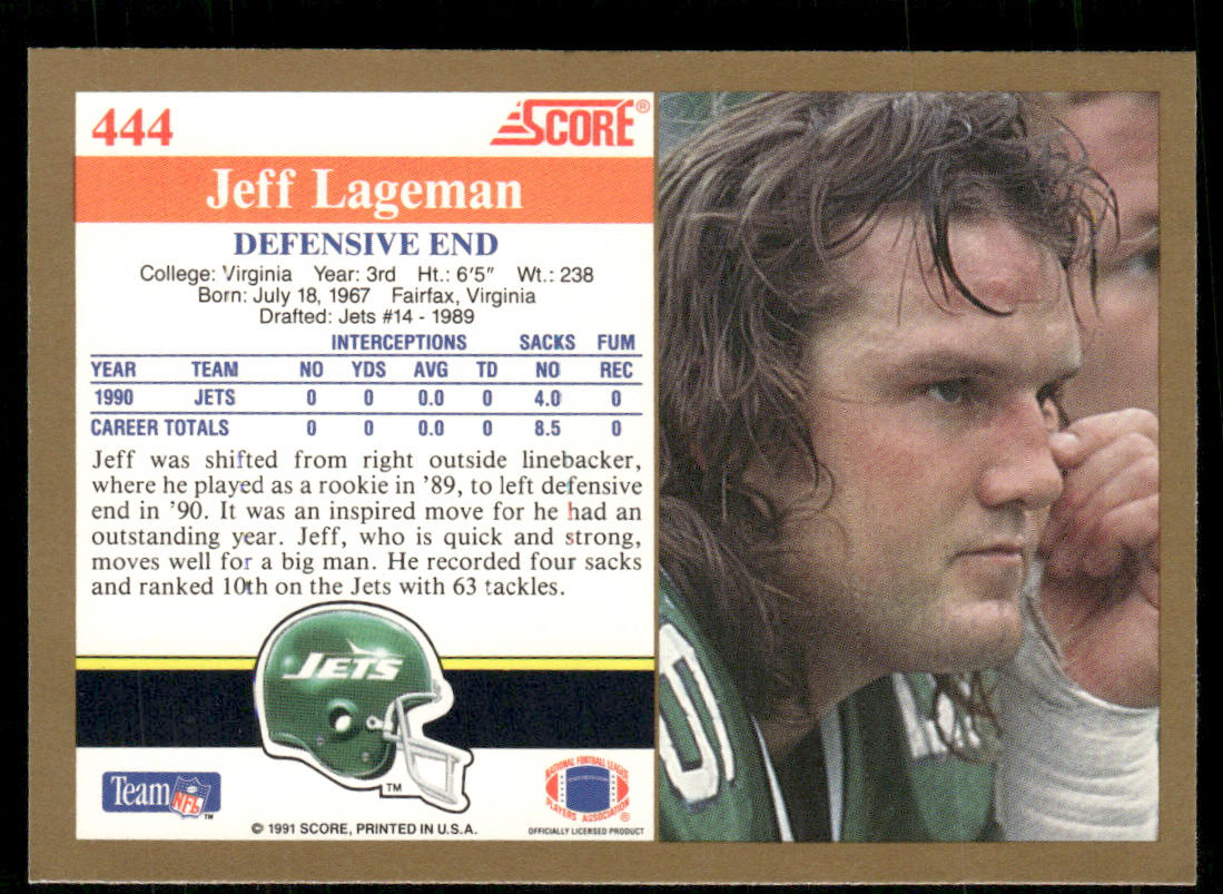 Jeff Lageman 1991 Score #444 New York Jets