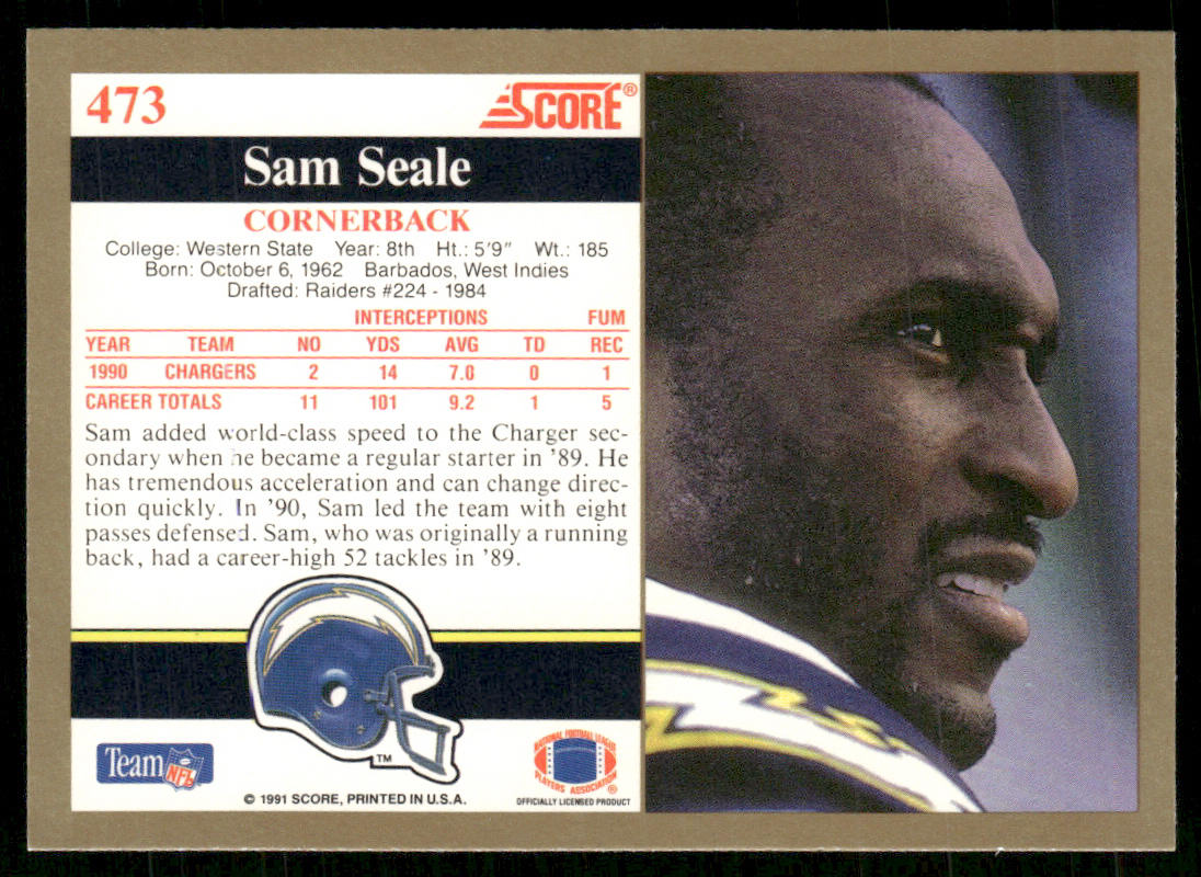 Sam Seale 1991 Score #473 RC San Diego Chargers