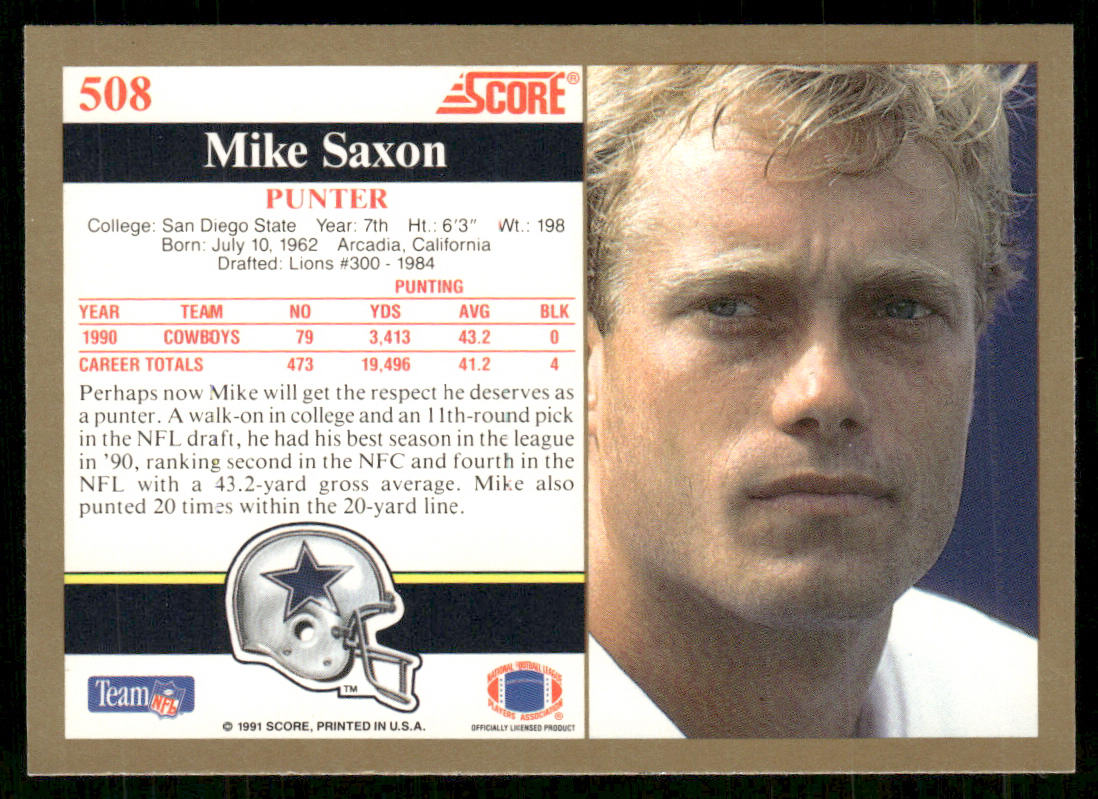 Mike Saxon 1991 Score #508 Dallas Cowboys
