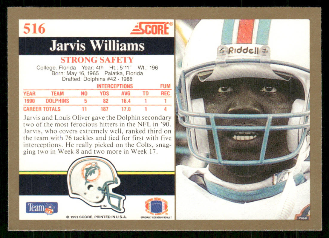 Jarvis Williams 1991 Score #516 Miami Dolphins