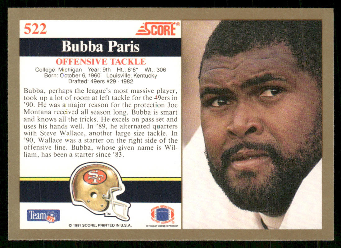 Bubba Paris 1991 Score #522 San Francisco 49ers