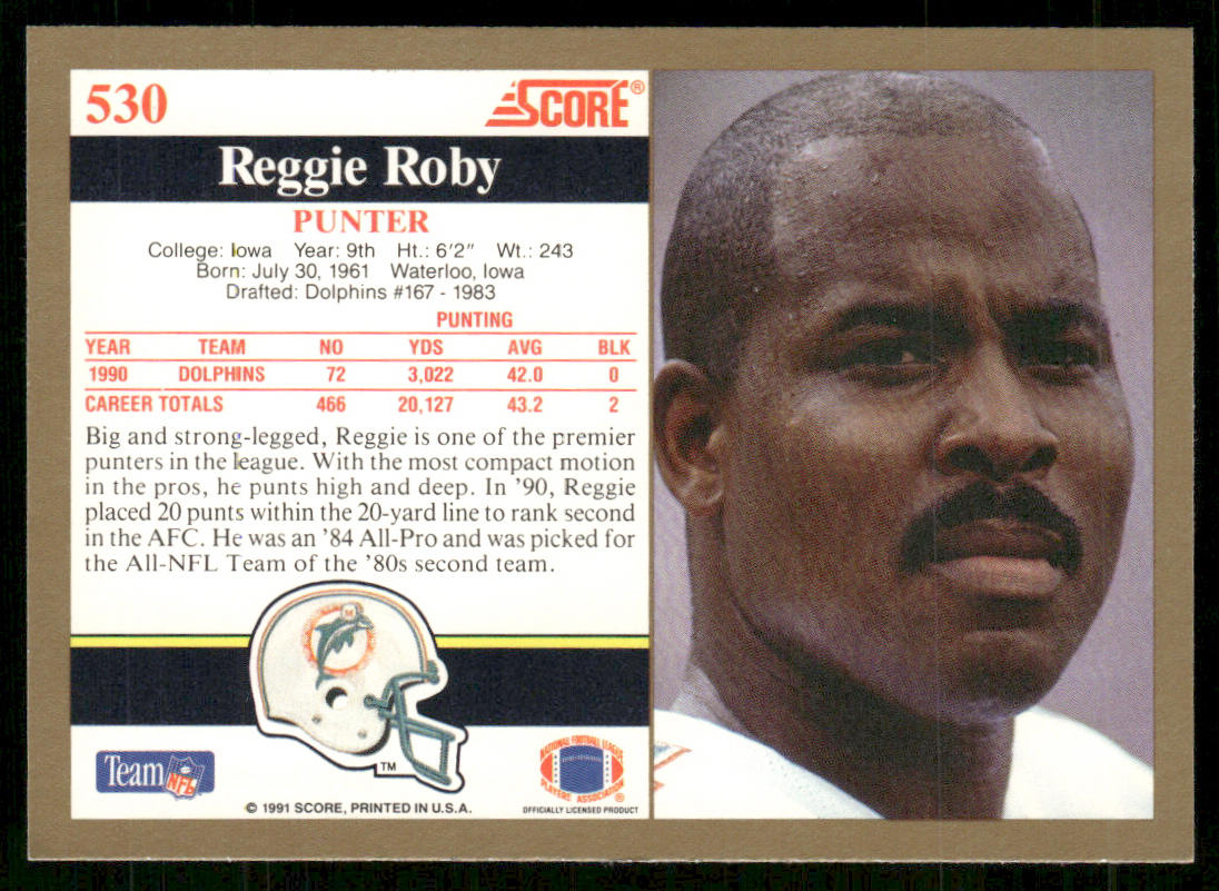Reggie Roby 1991 Score #530 Miami Dolphins