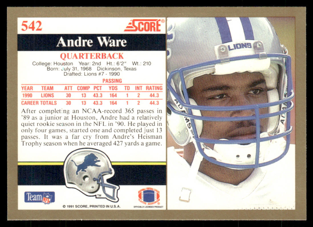 Andre Ware 1991 Score #542 Detroit Lions