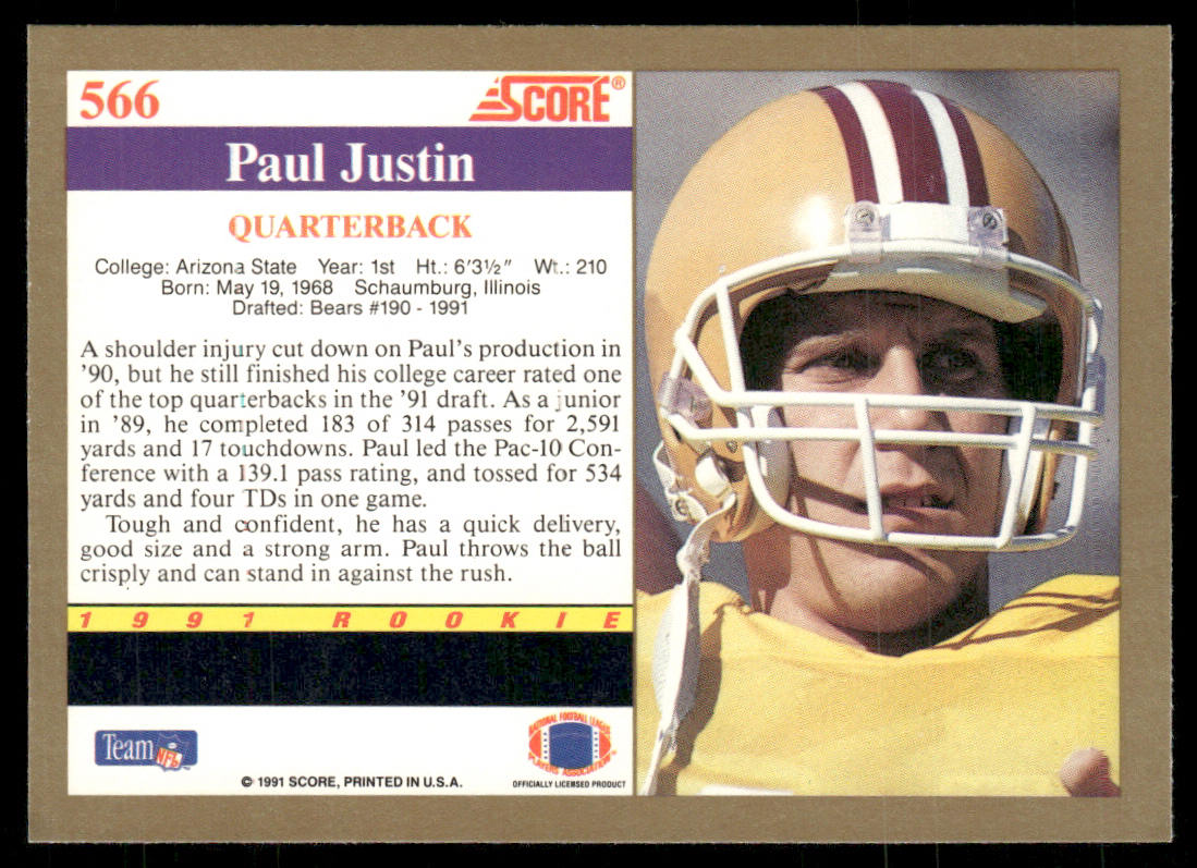 Paul Justin 1991 Score #566 RC Arizona State Sun Devils