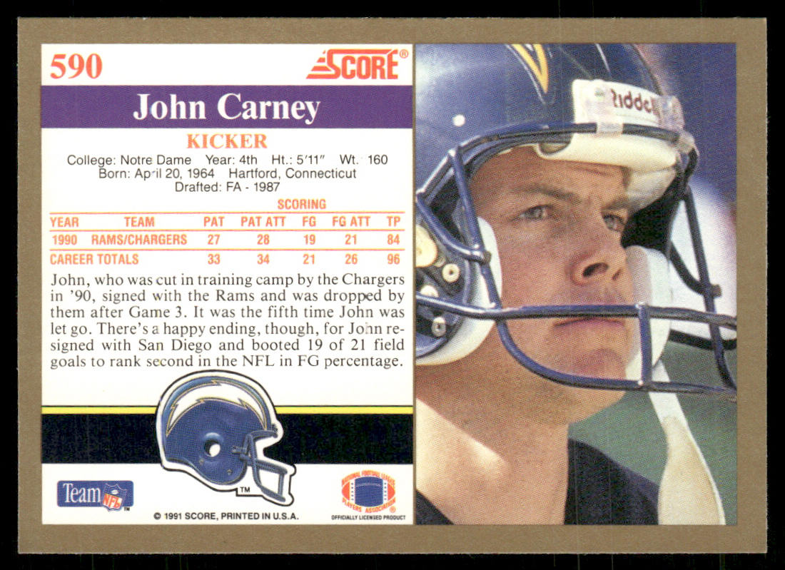 John Carney 1991 Score #590 San Diego Chargers