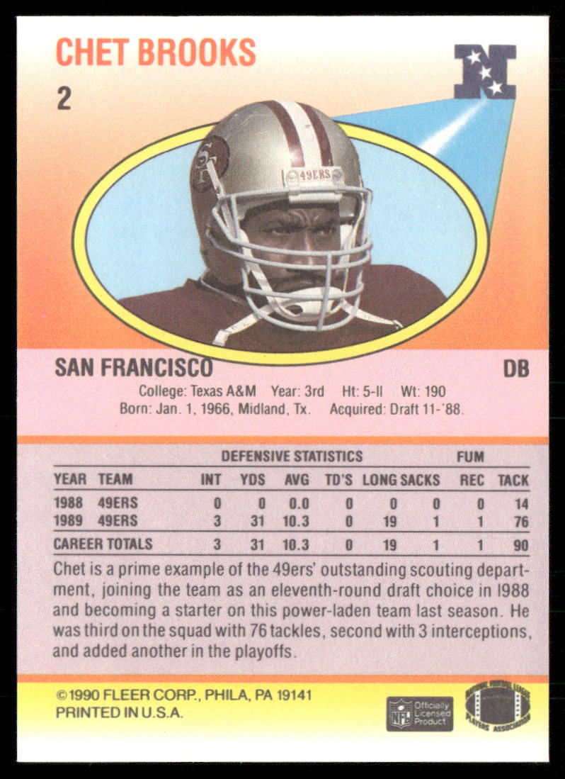Chet Brooks 1990 Fleer #2 RC San Francisco 49ers