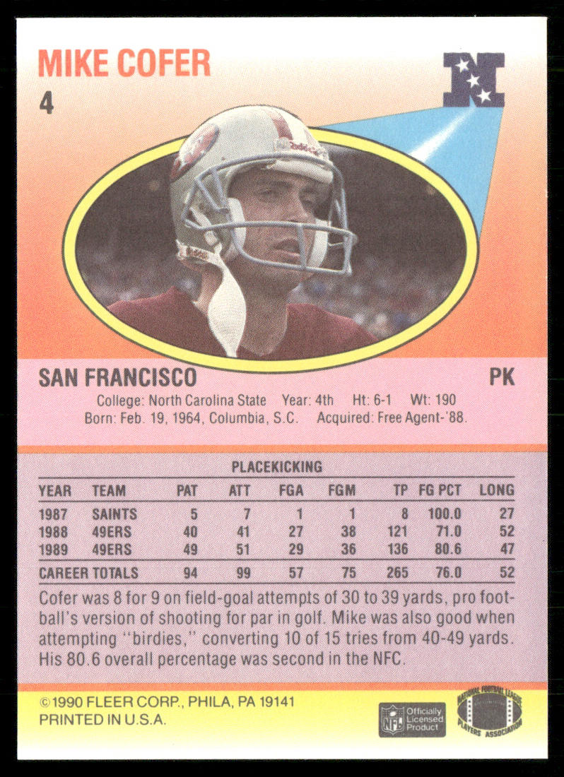 Mike Cofer 1990 Fleer #4 San Francisco 49ers