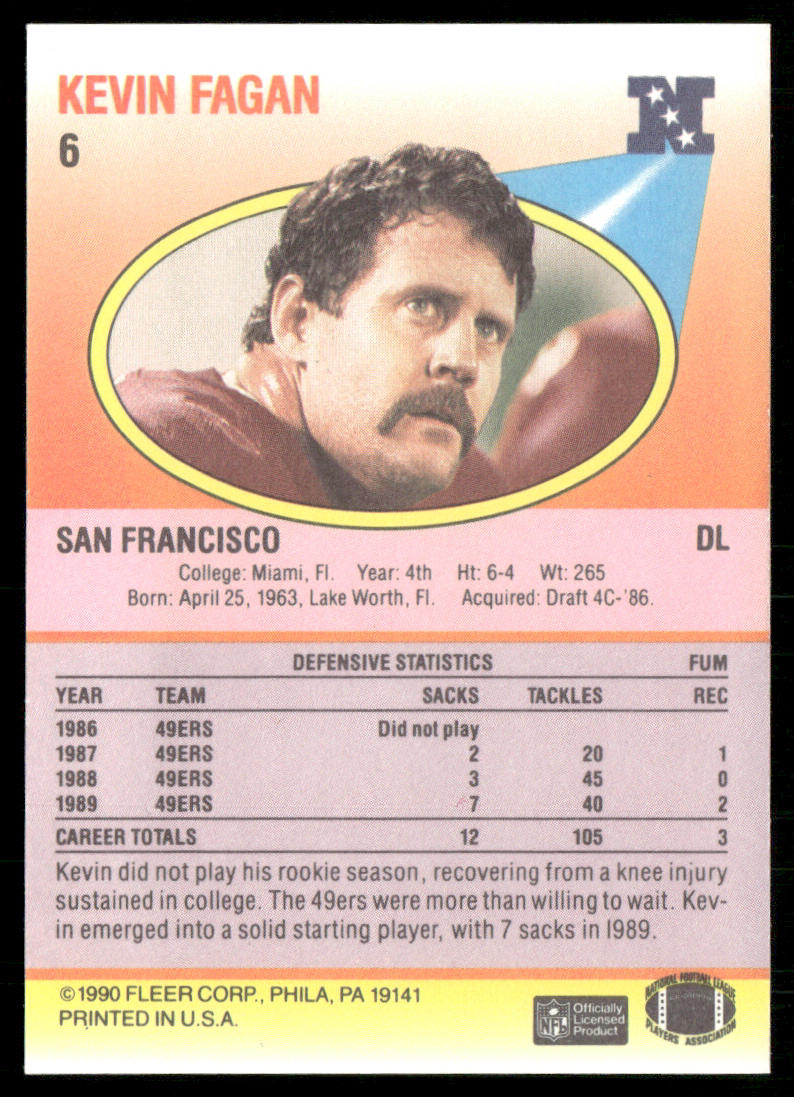 Kevin Fagan 1990 Fleer #6 RC San Francisco 49ers