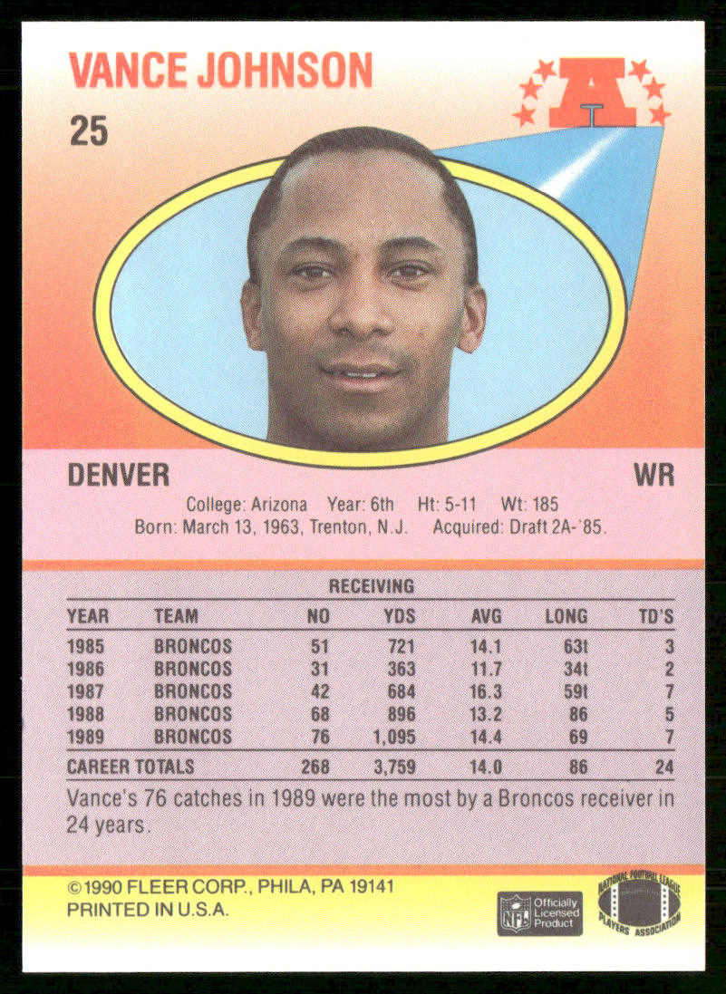 Vance Johnson 1990 Fleer #25 Denver Broncos