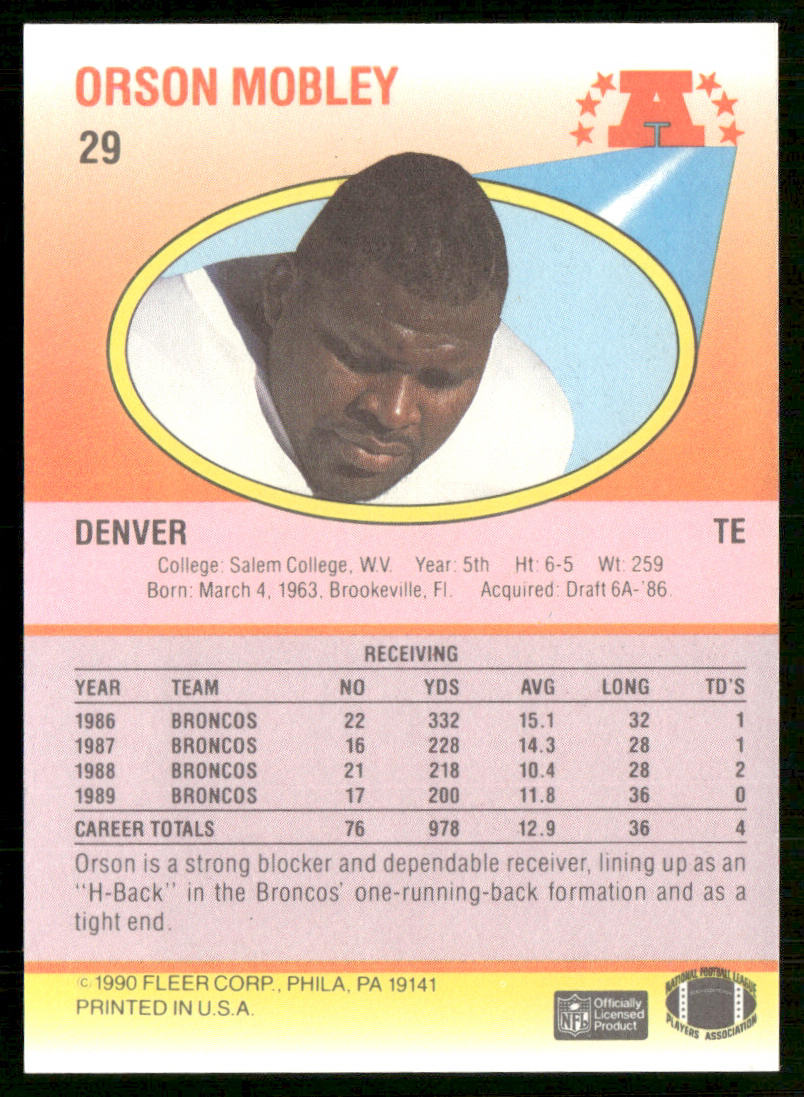 Orson Mobley 1990 Fleer #29a RC Denver Broncos