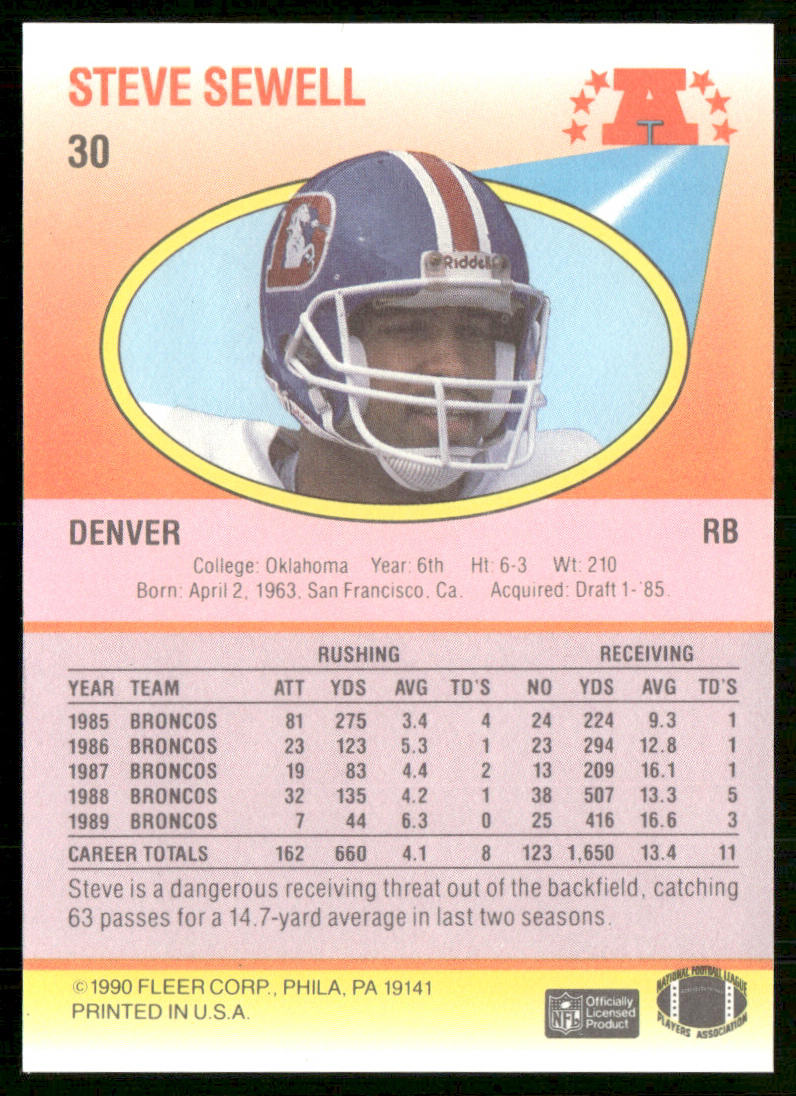 Steve Sewell 1990 Fleer #30b Denver Broncos
