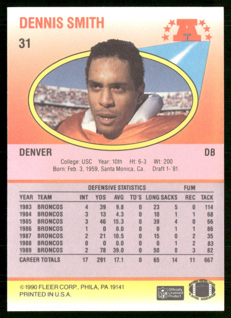 Dennis Smith 1990 Fleer #31 Denver Broncos