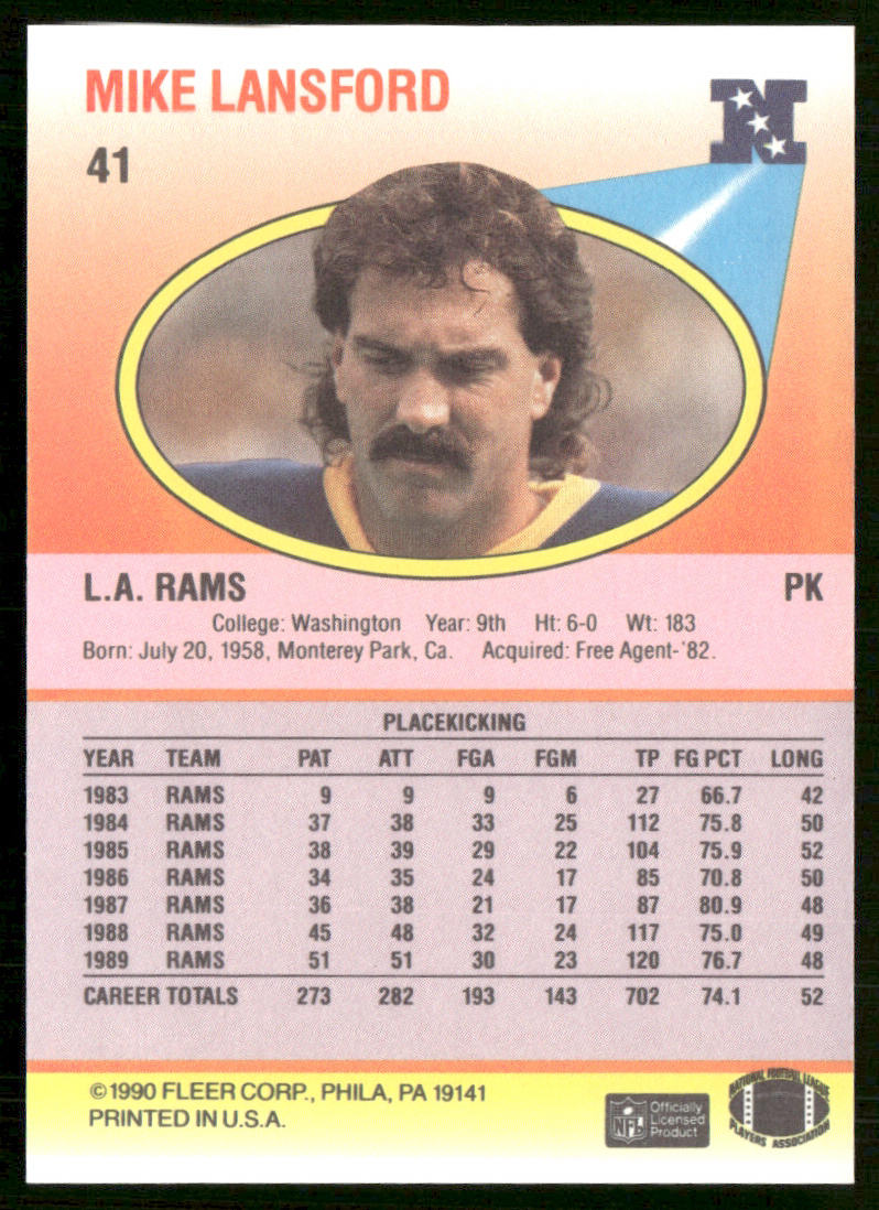 Mike Lansford 1990 Fleer #41 Los Angeles Rams