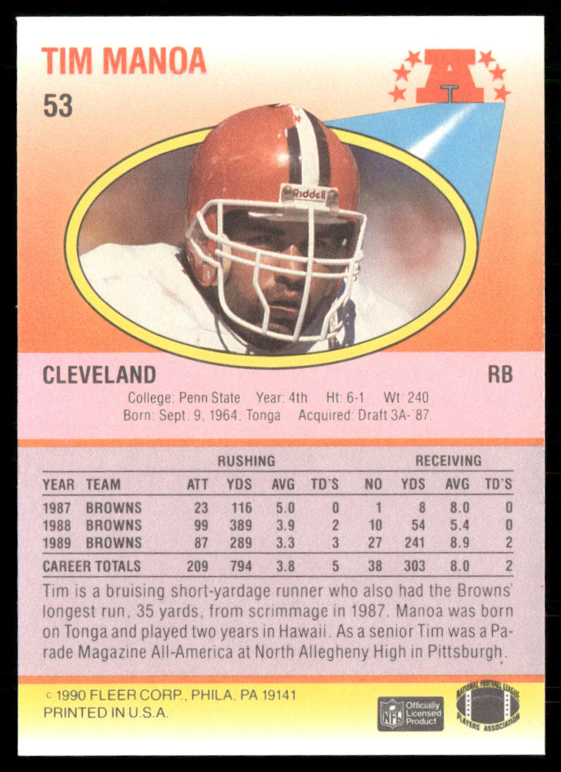 Tim Manoa 1990 Fleer #53b RC Cleveland Browns