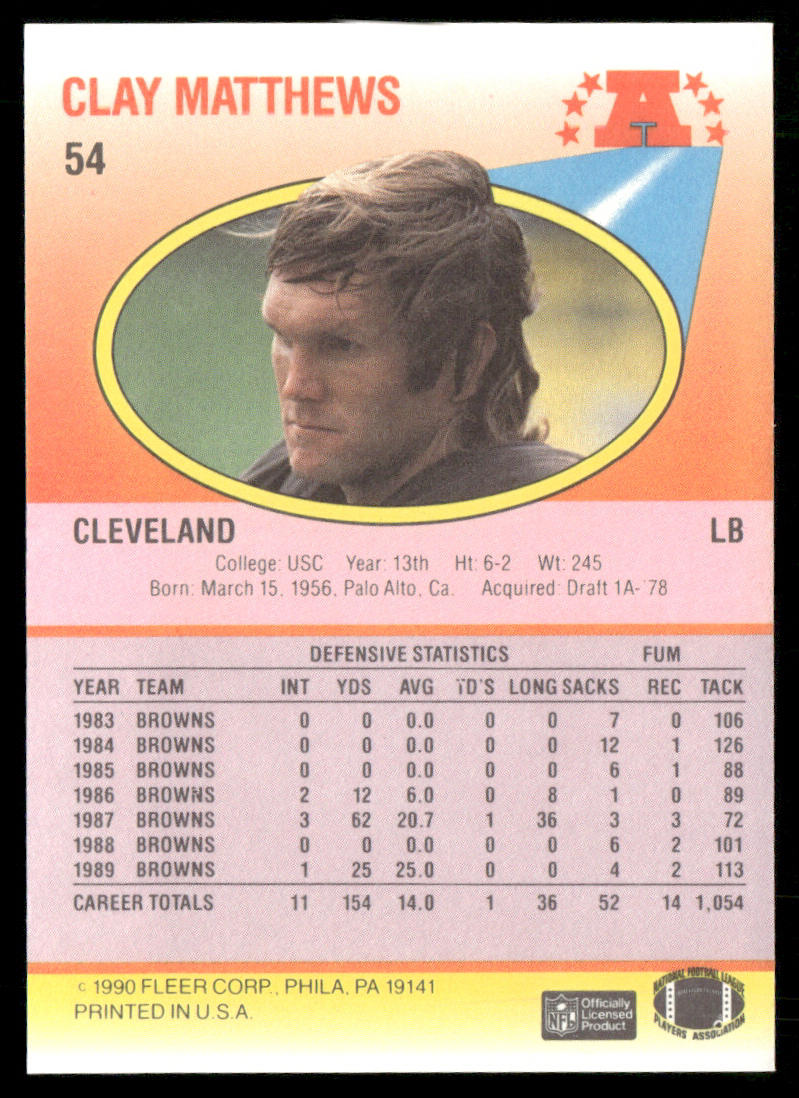 Clay Matthews 1990 Fleer #54a Cleveland Browns