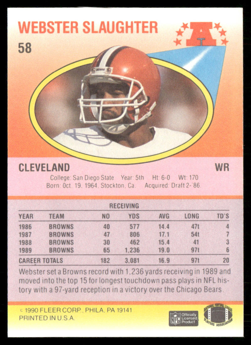 Webster Slaughter 1990 Fleer #58a Cleveland Browns