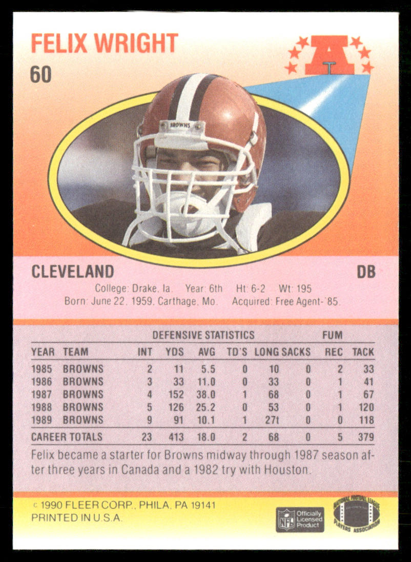 Felix Wright 1990 Fleer #60a Cleveland Browns