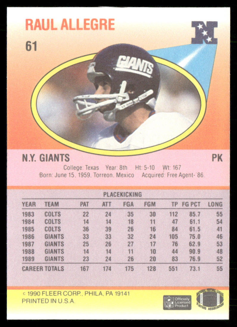 Raul Allegre 1990 Fleer #61 New York Giants