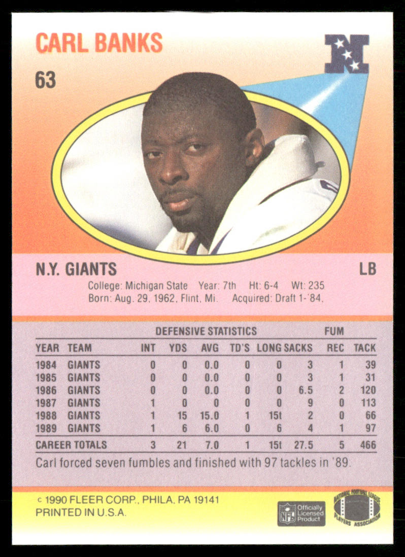 Carl Banks 1990 Fleer #63 New York Giants