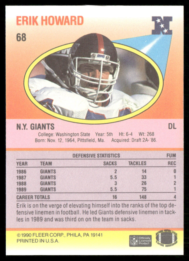 Erik Howard 1990 Fleer #68 New York Giants