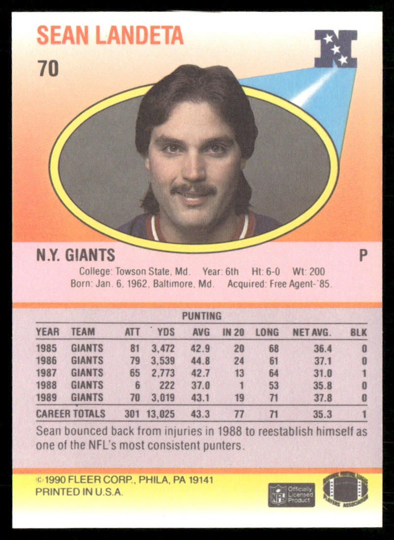 Sean Landeta 1990 Fleer #70 New York Giants