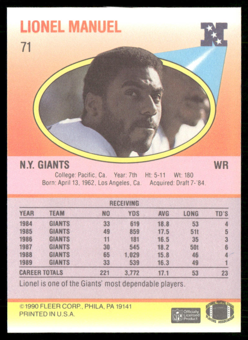Lionel Manuel 1990 Fleer #71 New York Giants