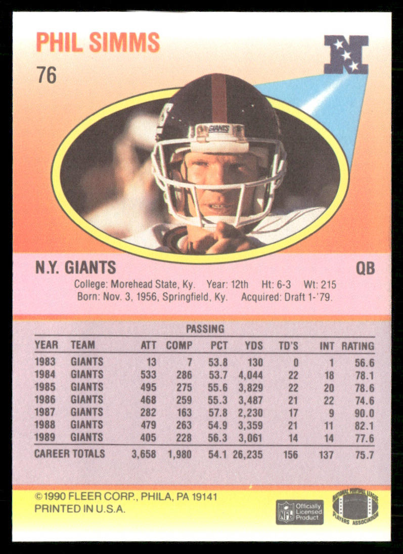 Phil Simms 1990 Fleer #76 New York Giants