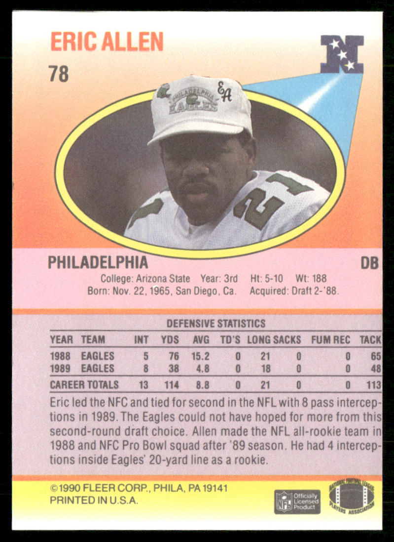 Eric Allen 1990 Fleer #78 Philadelphia Eagles