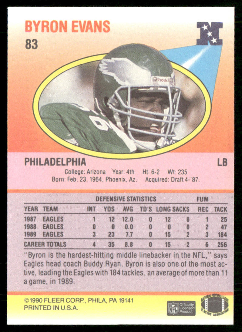 Byron Evans 1990 Fleer #83 RC Philadelphia Eagles