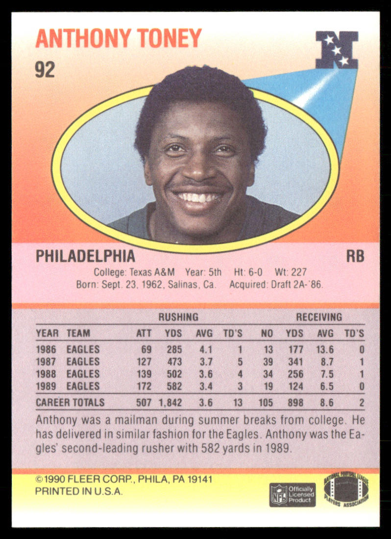 Anthony Toney 1990 Fleer #92 Philadelphia Eagles