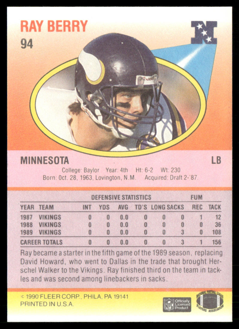 Ray Berry 1990 Fleer #94 Minnesota Vikings