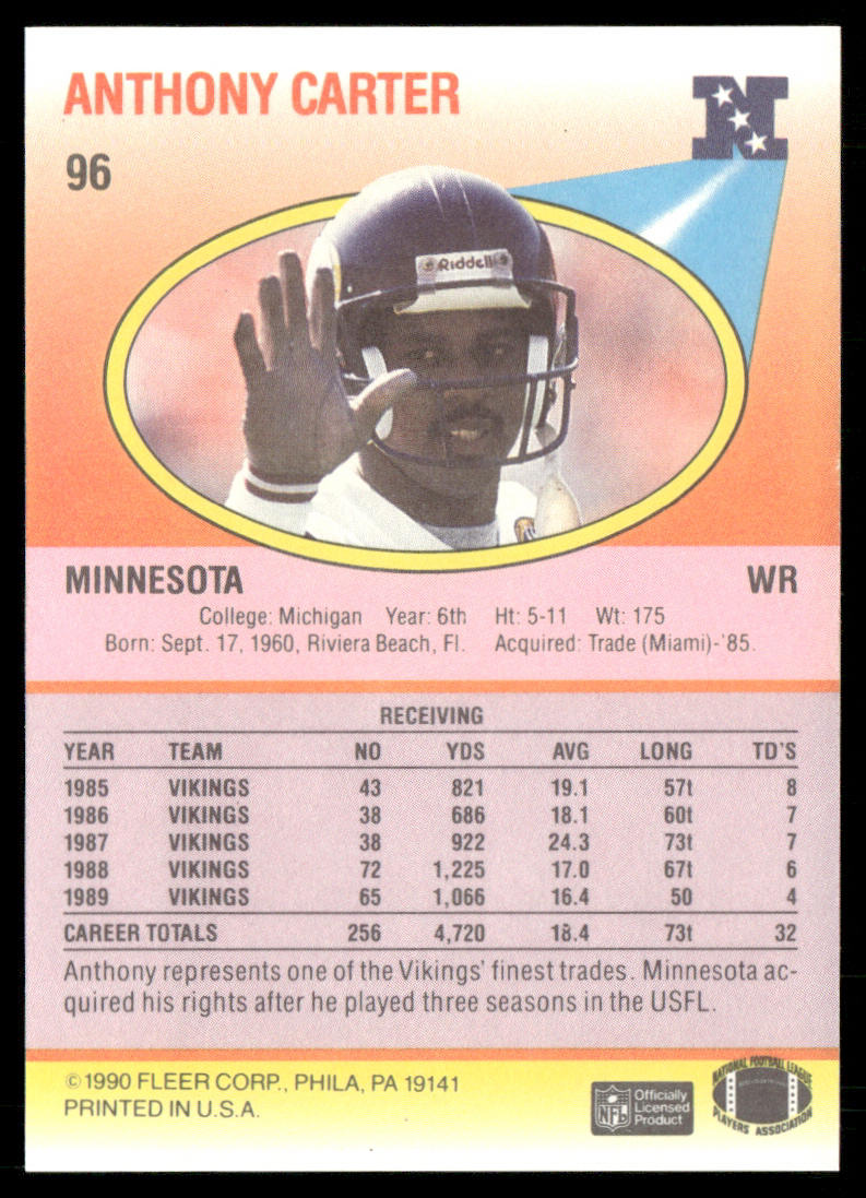 Anthony Carter 1990 Fleer #96 Minnesota Vikings