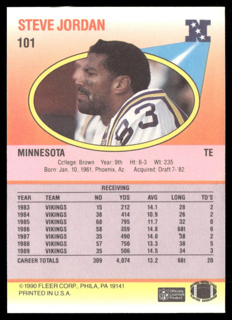 Steve Jordan 1990 Fleer #101 Minnesota Vikings