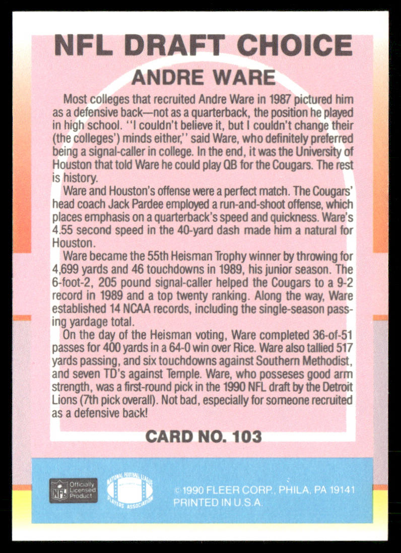 Andre Ware 1990 Fleer #103 RC Detroit Lions