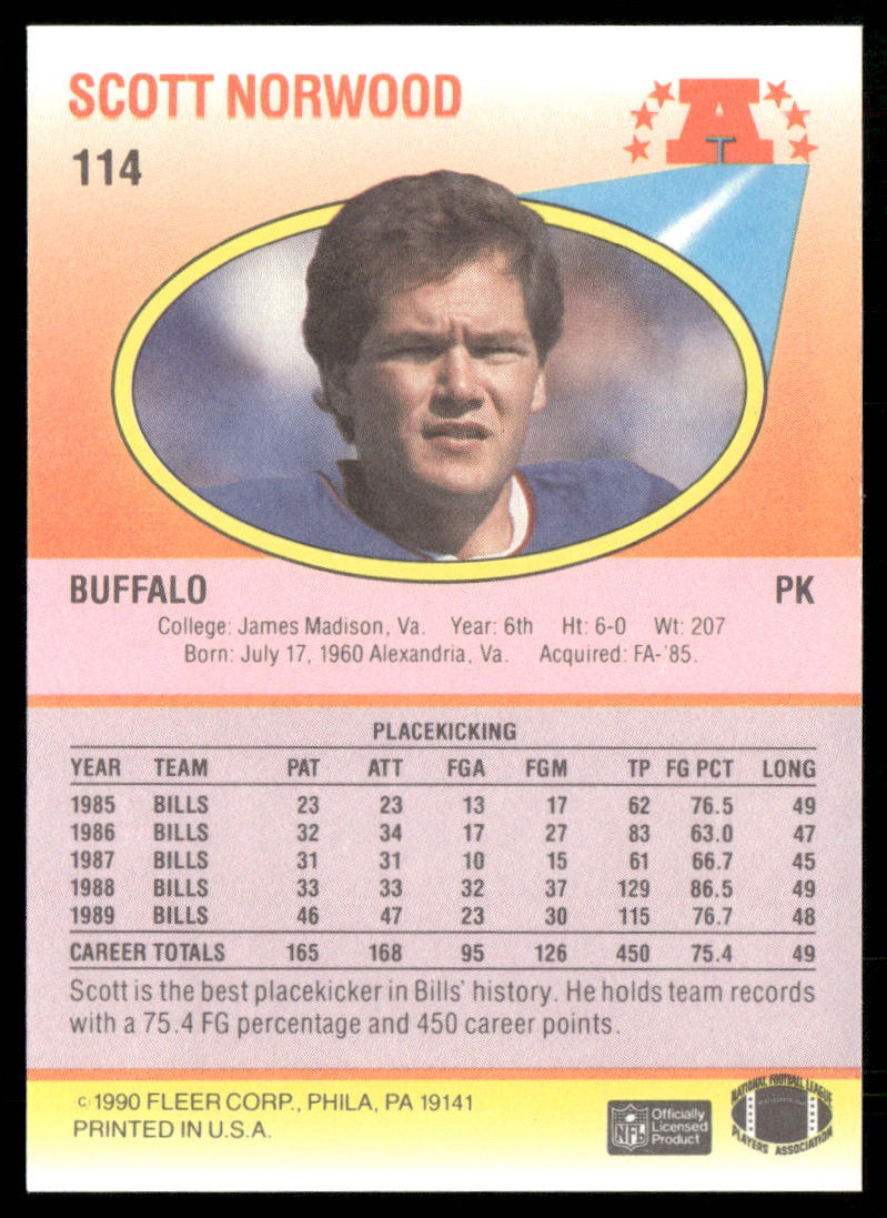 Scott Norwood 1990 Fleer #114a Buffalo Bills