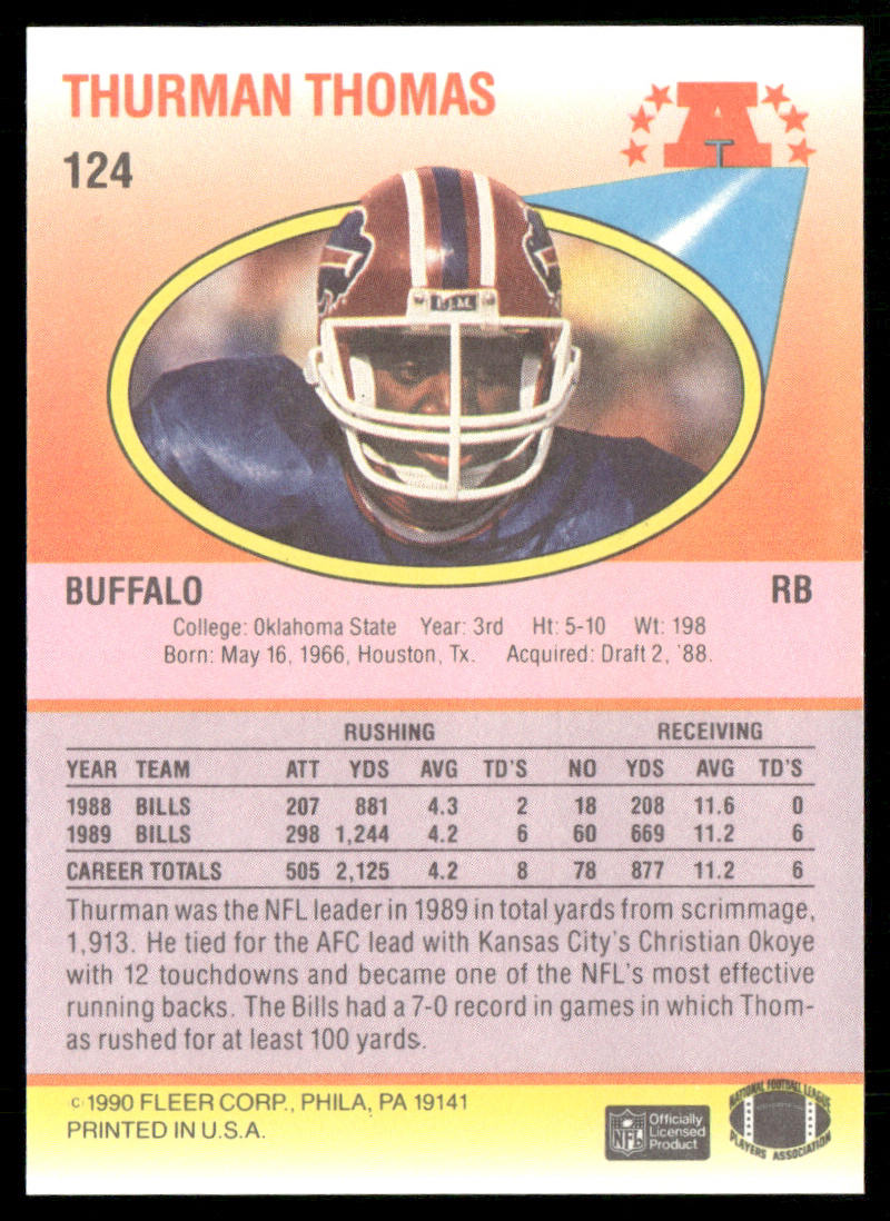 Thurman Thomas 1990 Fleer #124a Buffalo Bills