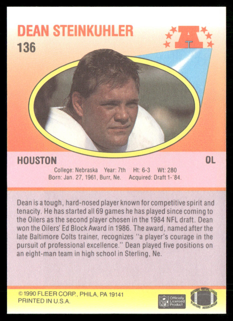 Dean Steinkuhler 1990 Fleer #136 Houston Oilers
