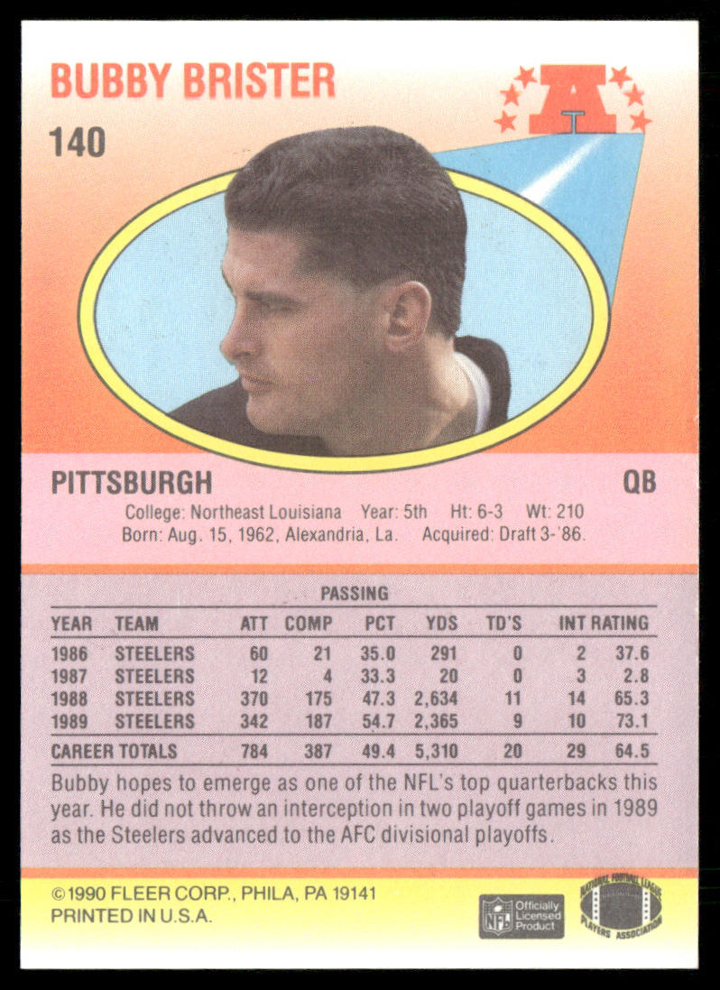 Bubby Brister 1990 Fleer #140 Pittsburgh Steelers