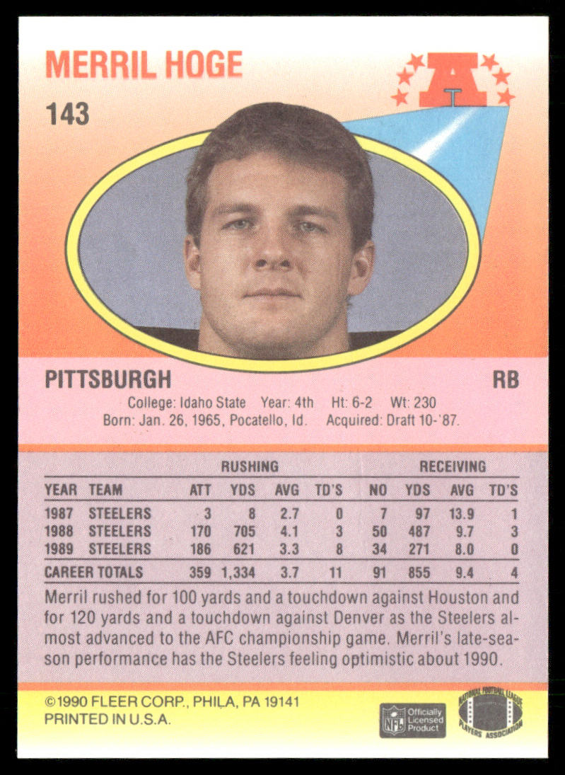 Merril Hoge 1990 Fleer #143 Pittsburgh Steelers