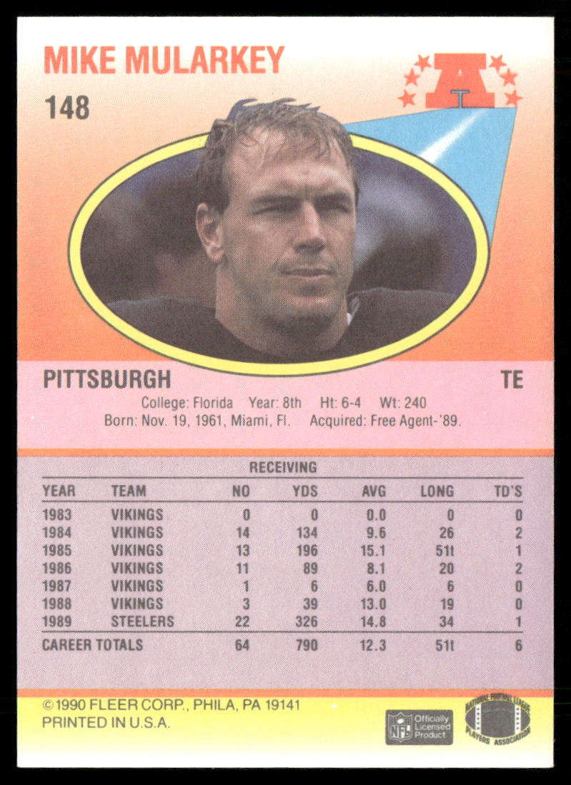 Mike Mularkey 1990 Fleer #148 RC Pittsburgh Steelers