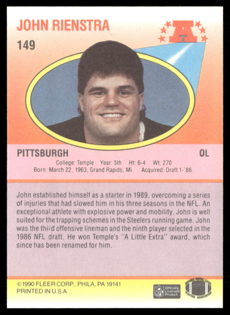 John Rienstra 1990 Fleer #149 RC Pittsburgh Steelers