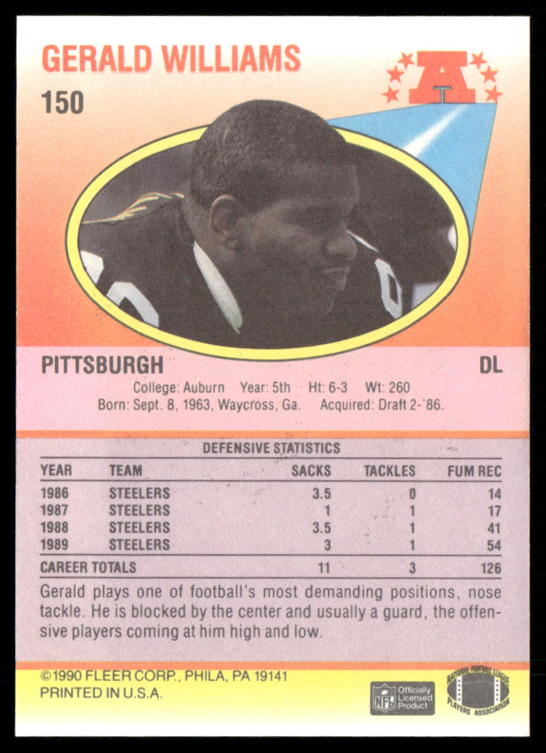 Gerald Williams 1990 Fleer #150 RC Pittsburgh Steelers