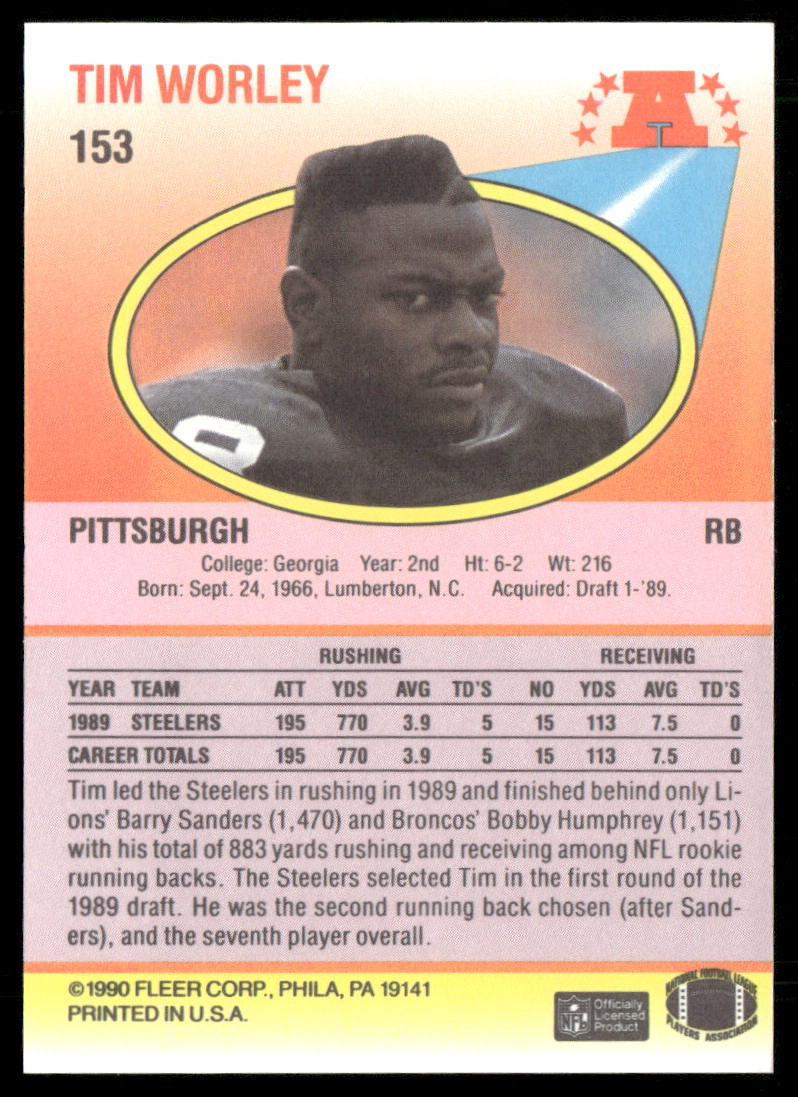 Tim Worley 1990 Fleer #153 Pittsburgh Steelers