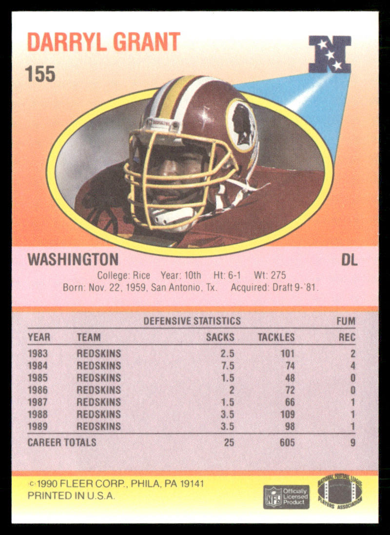 Darryl Grant 1990 Fleer #155 Washington Redskins