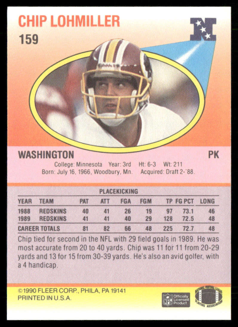 Chip Lohmiller 1990 Fleer #159 Washington Redskins