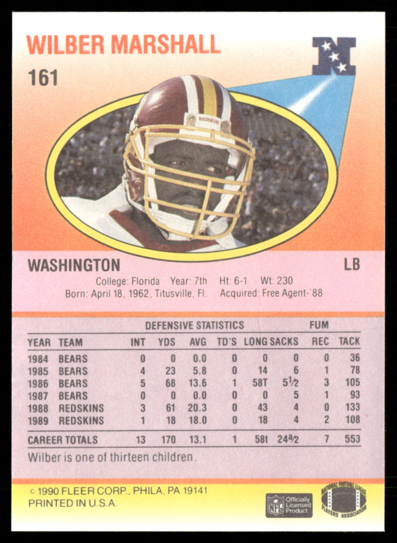 Wilber Marshall 1990 Fleer #161 Washington Redskins