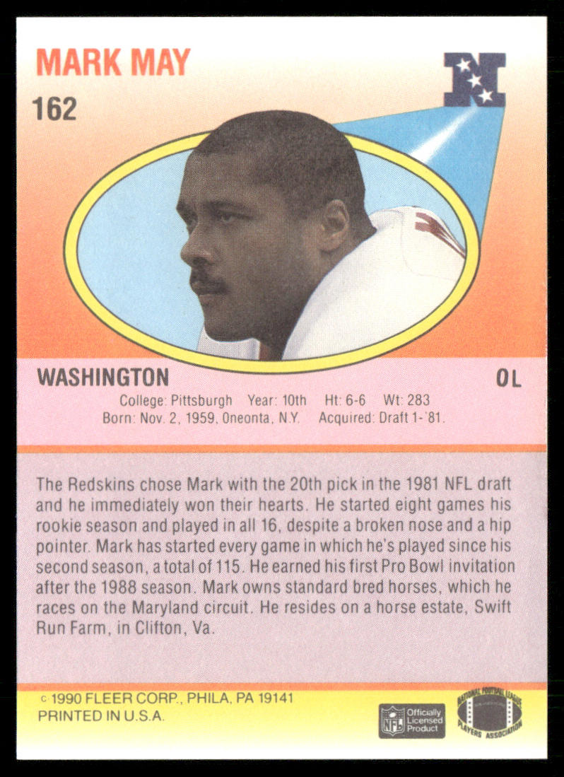 Mark May 1990 Fleer #162a black line above text on back Washington Redskins