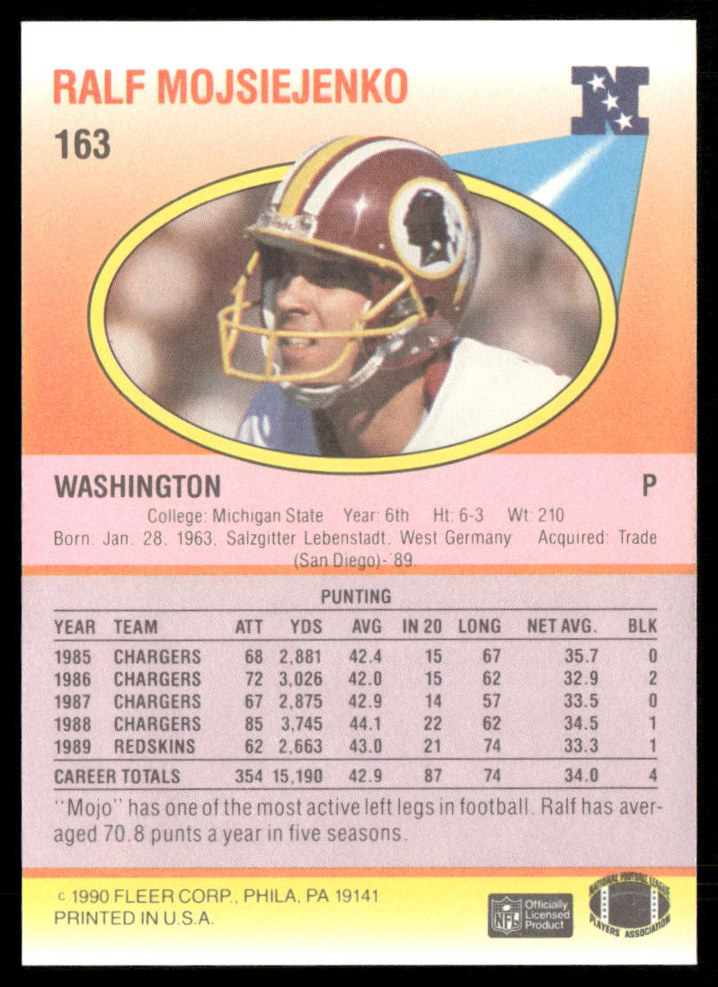 Ralf Mojsiejenko 1990 Fleer #163 Washington Redskins